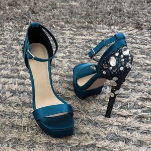 Nike Teal Platform Ankle-Strap Heeled Sandals with Jeweled Stiletto